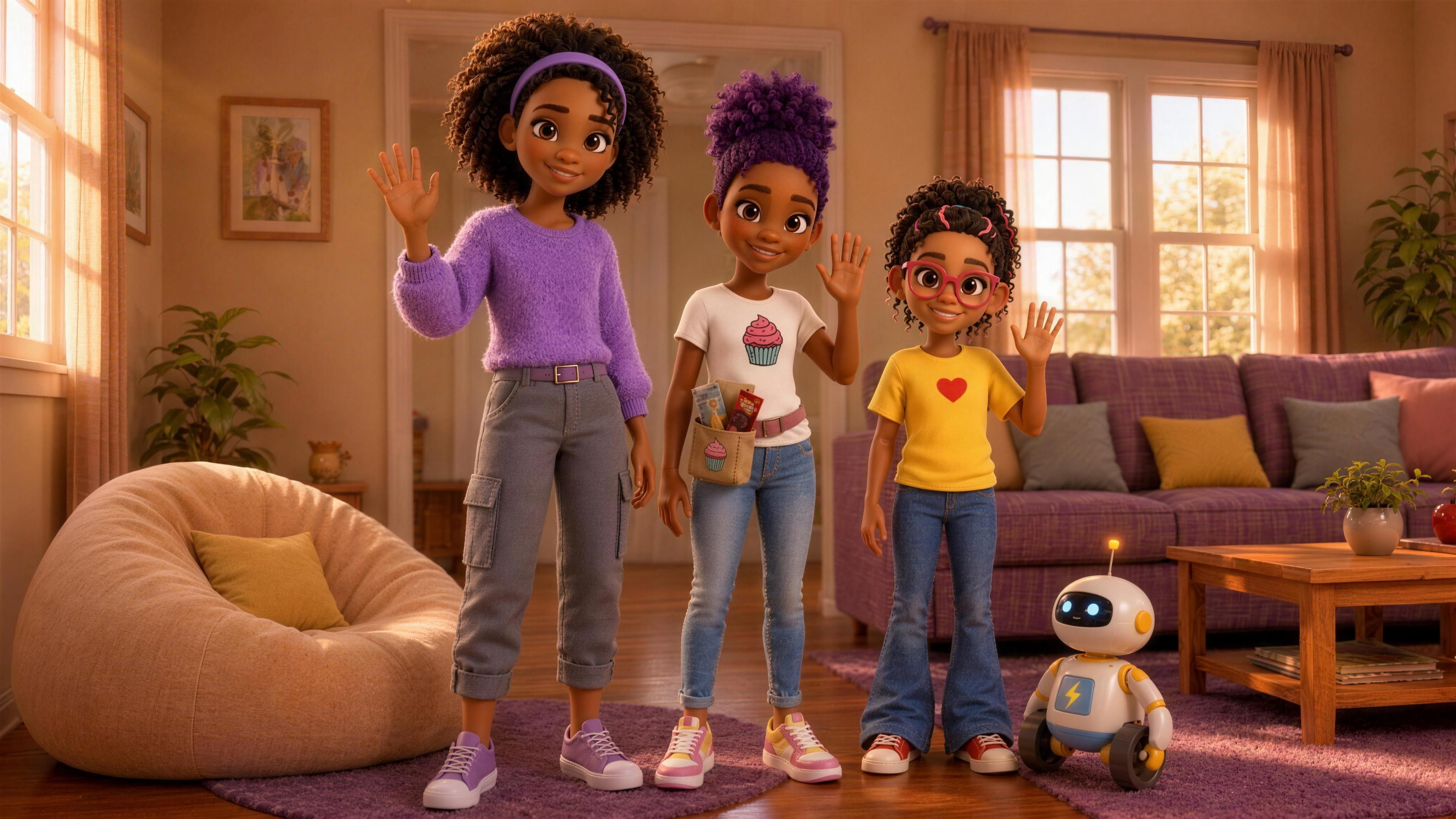 Natalia, Alana, and Maya waving hello with S.P.A.R.K., their robotic best buddy